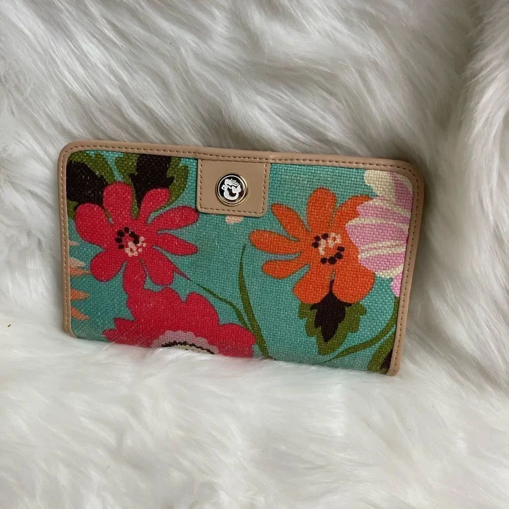 Spartina 449 linen and leather orange and sea green floral bifold clutch.